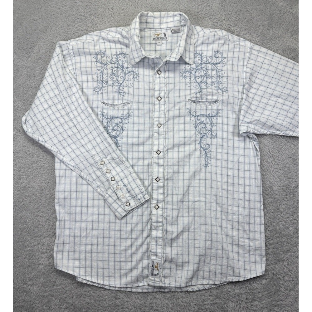VTG Panhandle Slim Men's XL Blue White Embroidered Pearl Snap Western Shirt